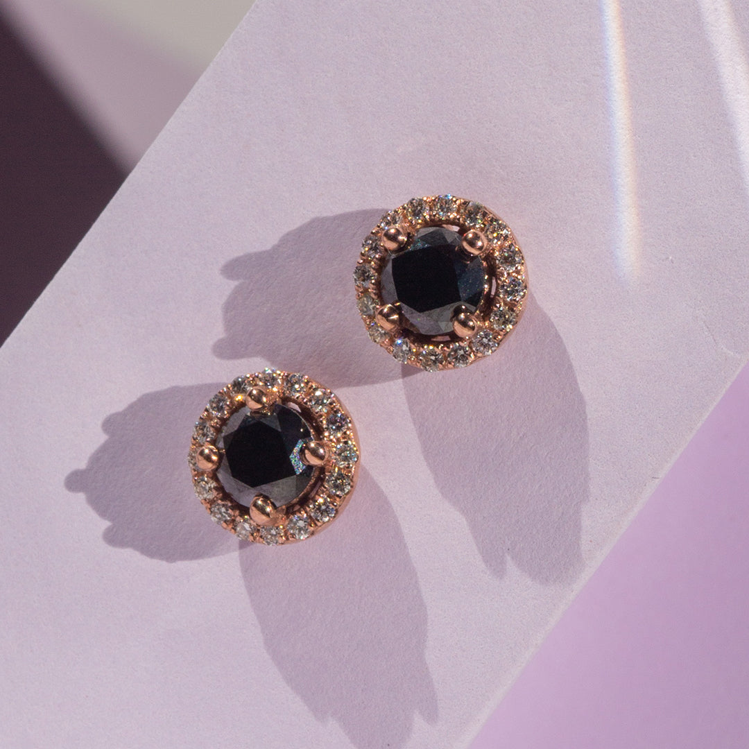 9ct Rose Gold Ladies 1.00ct Black Diamond Halo Stud Earrings