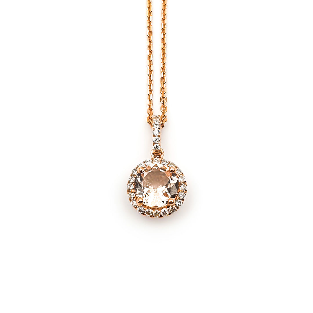 9ct Rose Gold Ladies Round Morganite and Diamond Halo Pendant