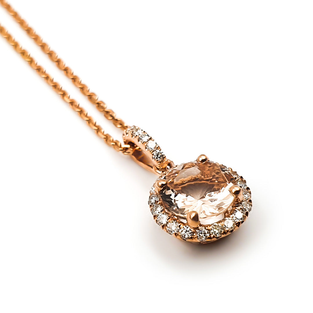 9ct Rose Gold Ladies Round Morganite and Diamond Halo Pendant