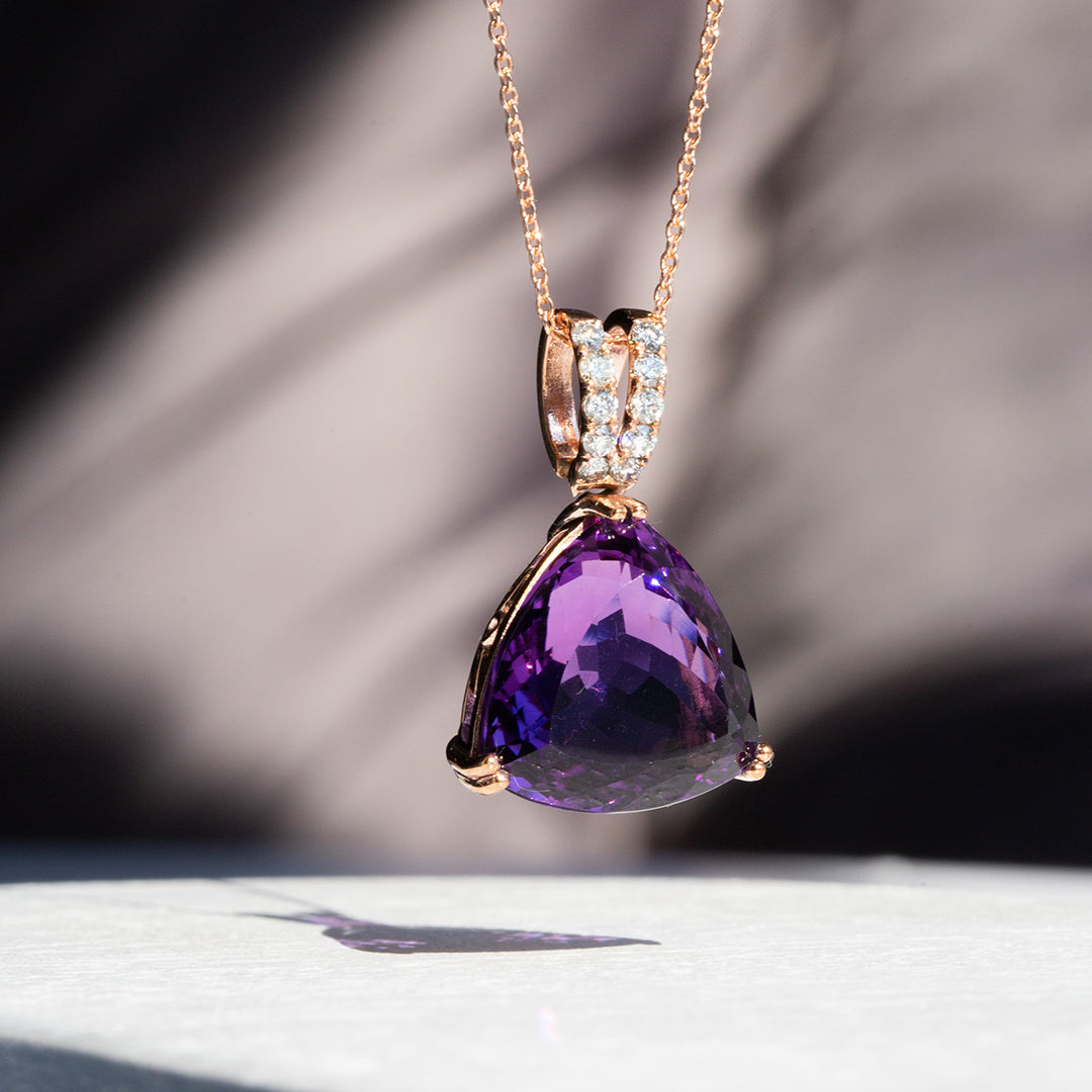 9ct Rose Gold Ladies 13ct Trillion Cut Amethyst and Diamond Pendant The_Diamond_box_South_Africa