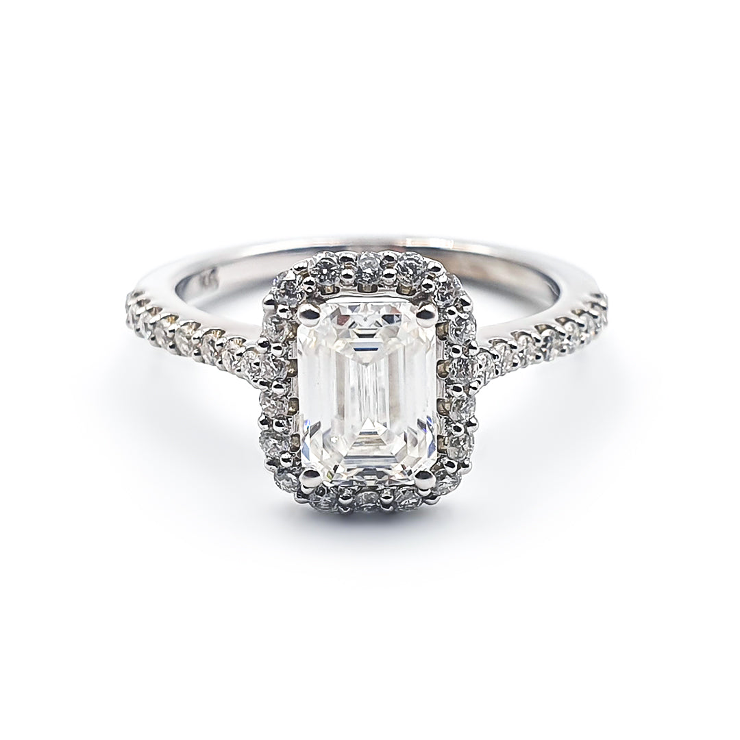 9ct White Gold Ladies 1,00ct Emerald cut Moissanite Halo Engagement Ring The_Diamond_box_South_Africa