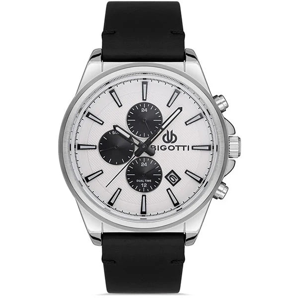 BIGOTTI BG.1.10430-1 BLACK LEATHER BAND WHITE DIAL FOR MEN