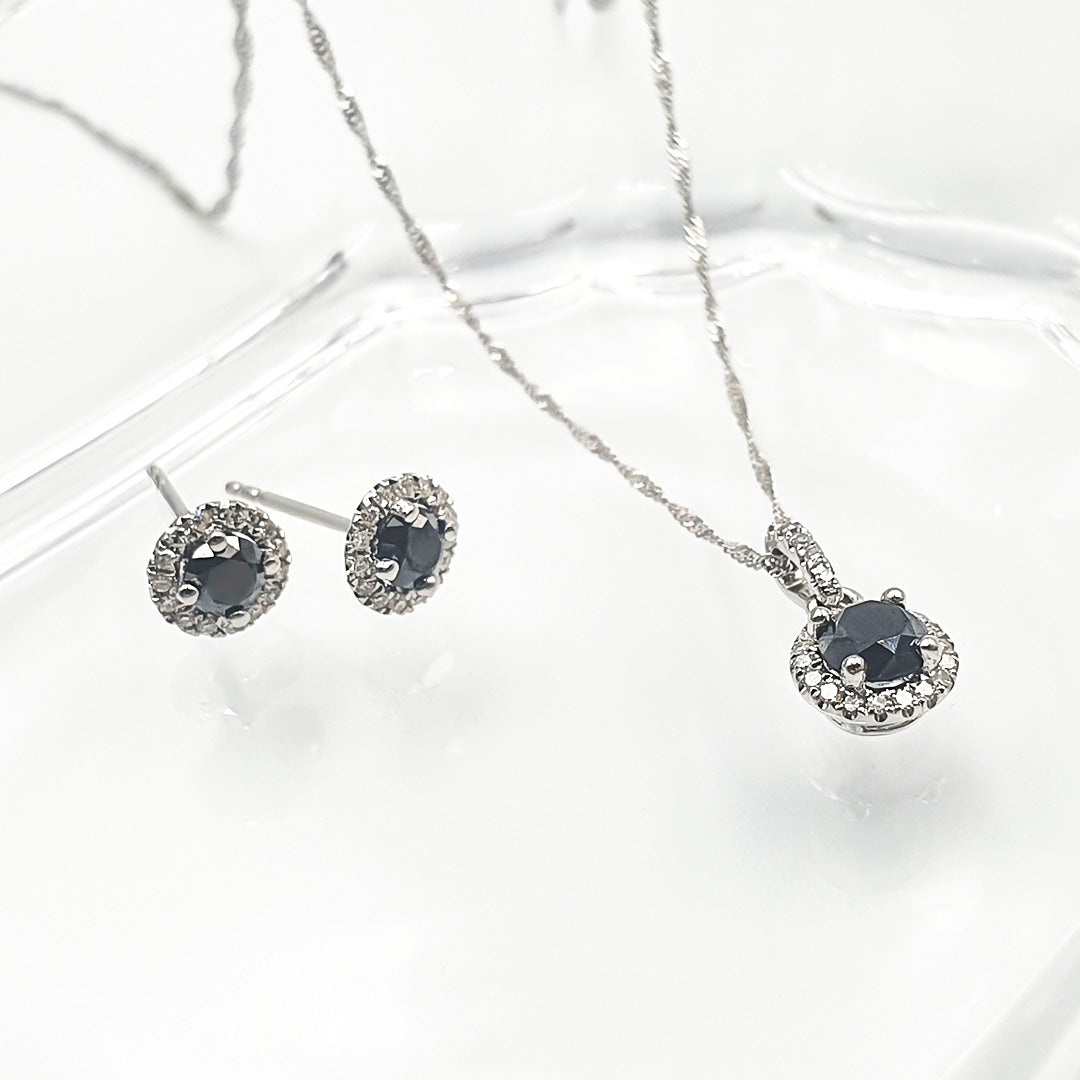 9ct White Gold Ladies Black Diamond Halo Stud Earring