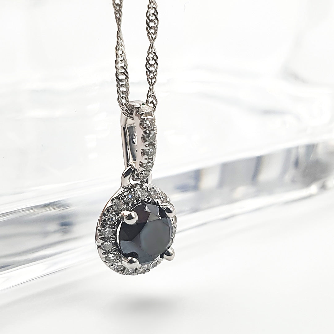 9ct White Gold Ladies Black Diamond Halo Pendant .50ct