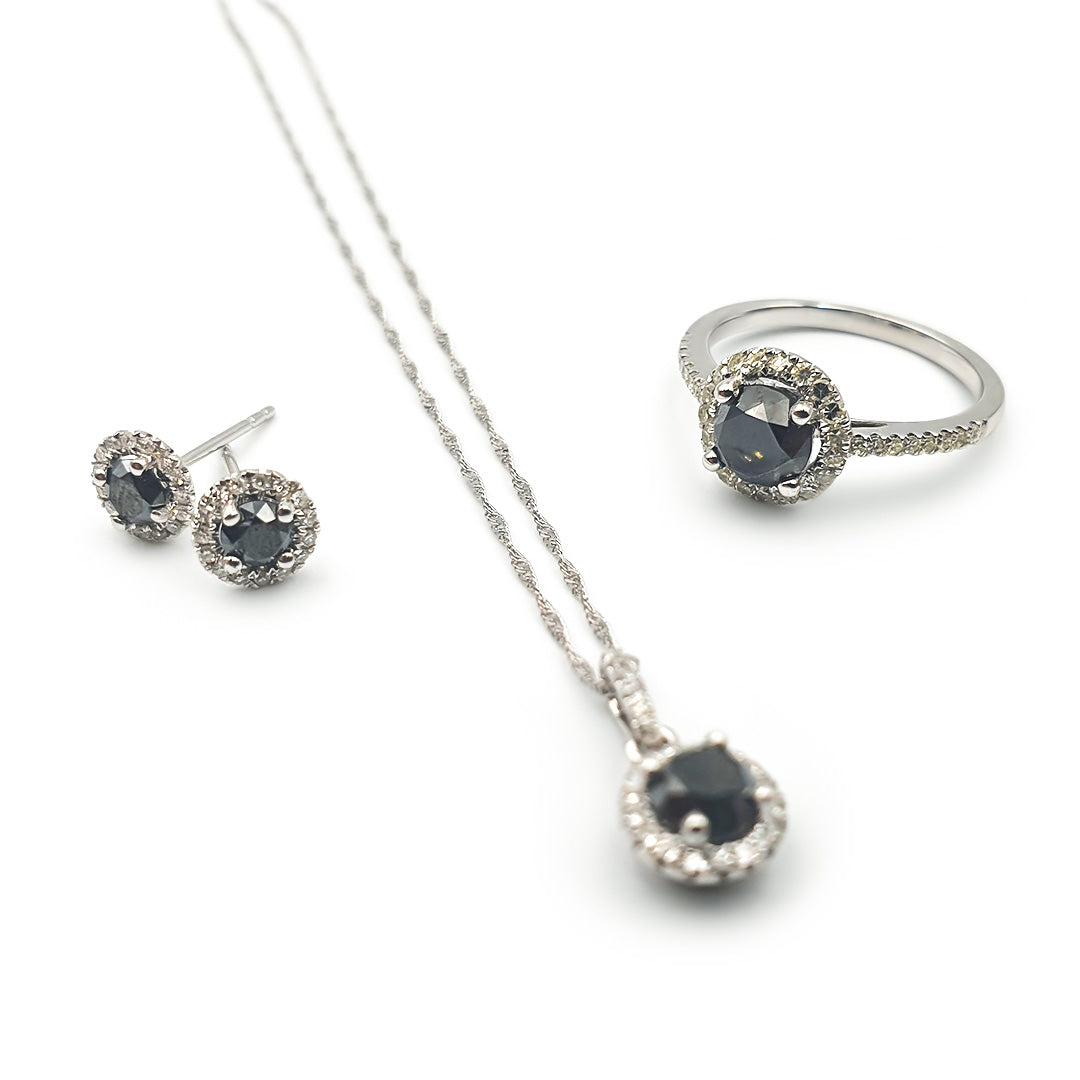 9ct White Gold Ladies Black Diamond Halo Stud Earring
