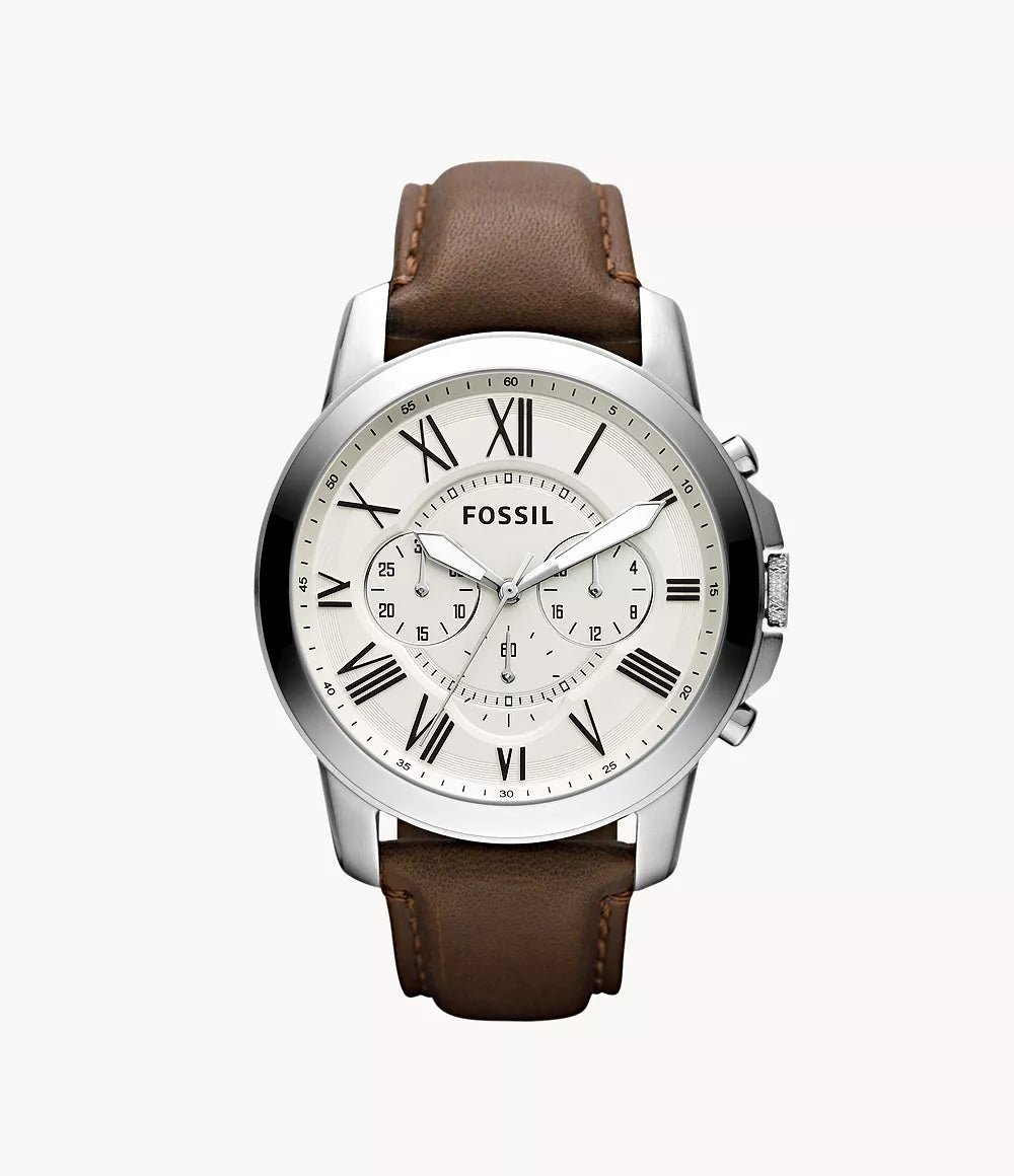 Fossil Grant Men's Cream Dial Chronograph Watch with Brown Leather Strap - FS4735