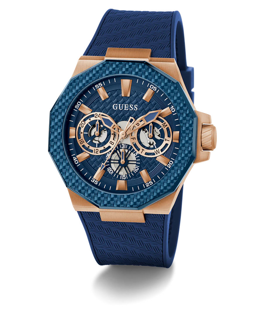 GUESS Mens Blue Rose Gold Tone Multi-function Watch - GW0853G3