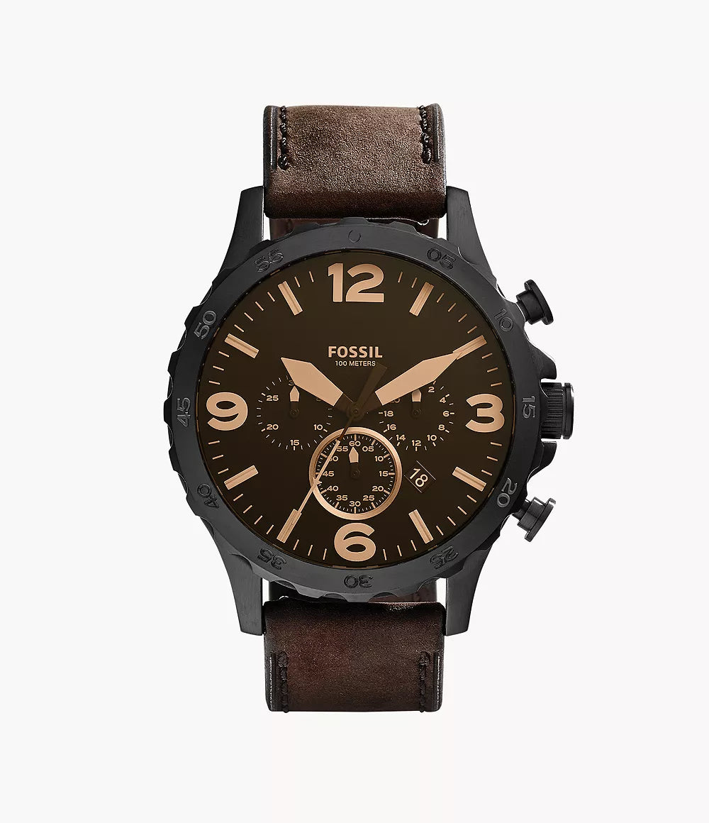 Fossil Nate Men's Brown Dial Chronograph Watch with Brown Leather Strap - JR1487