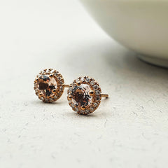 9ct Rose Gold Ladies round Morganite and Diamond Halo Studs