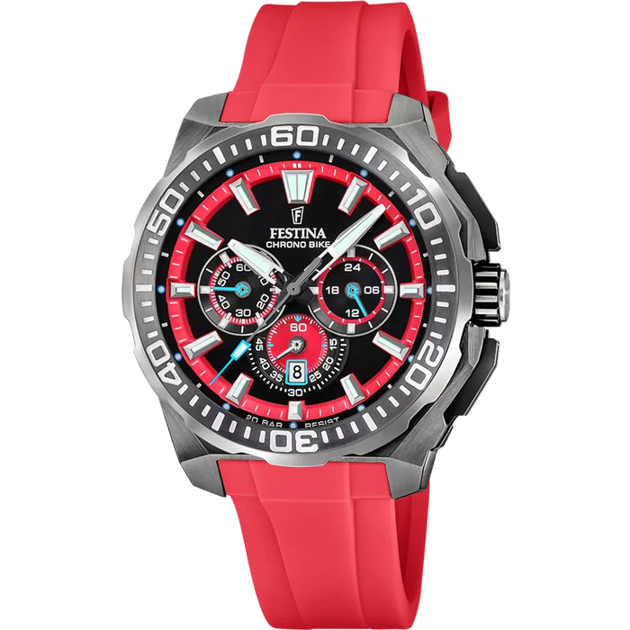 Festina Chrono Bike Black Dial and Red Rubber Strap 45.5mm Men's Watch