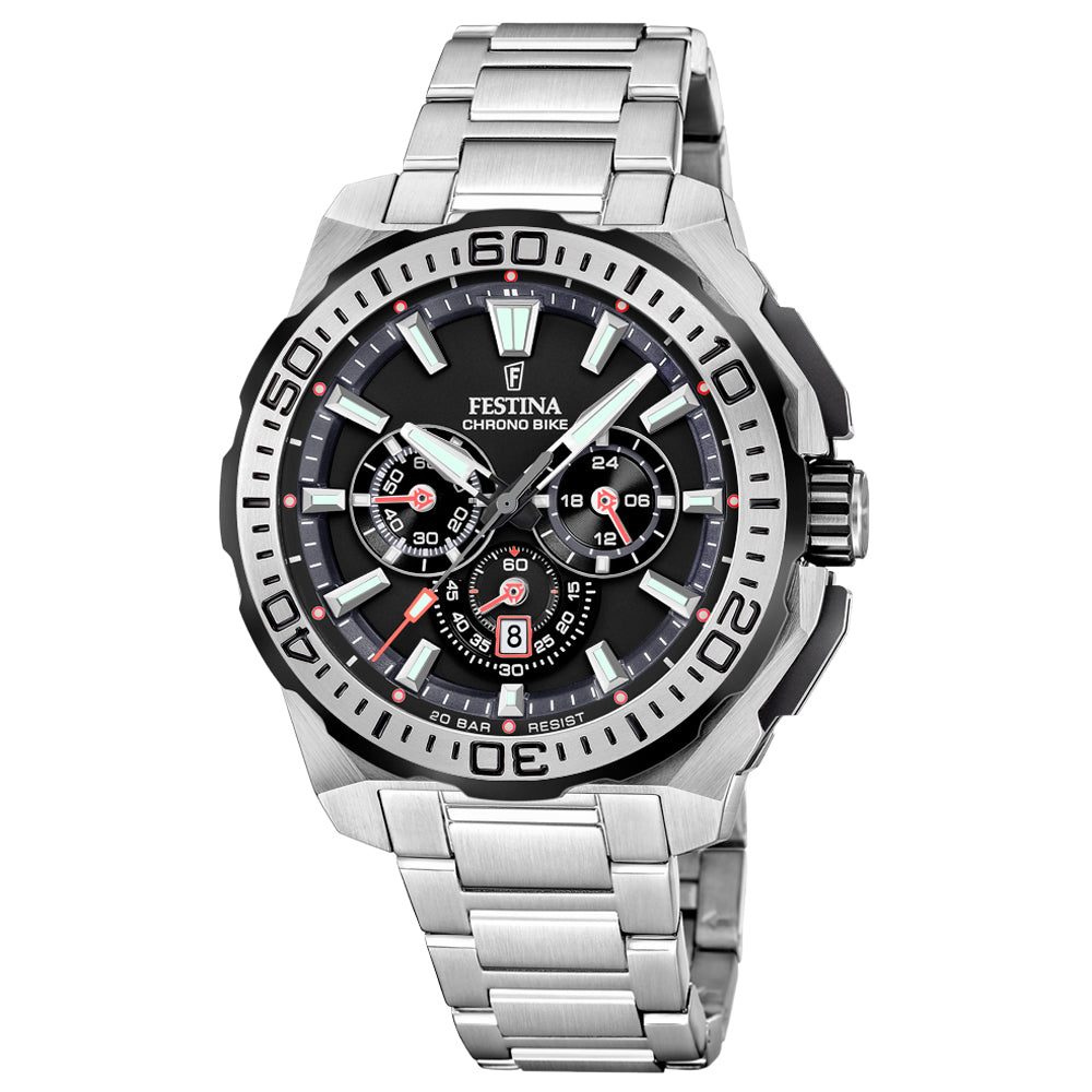 Festina Chrono Bike Black Dial and Silver Steel Bracelet 45.5mm Men's Watch - F20724/7