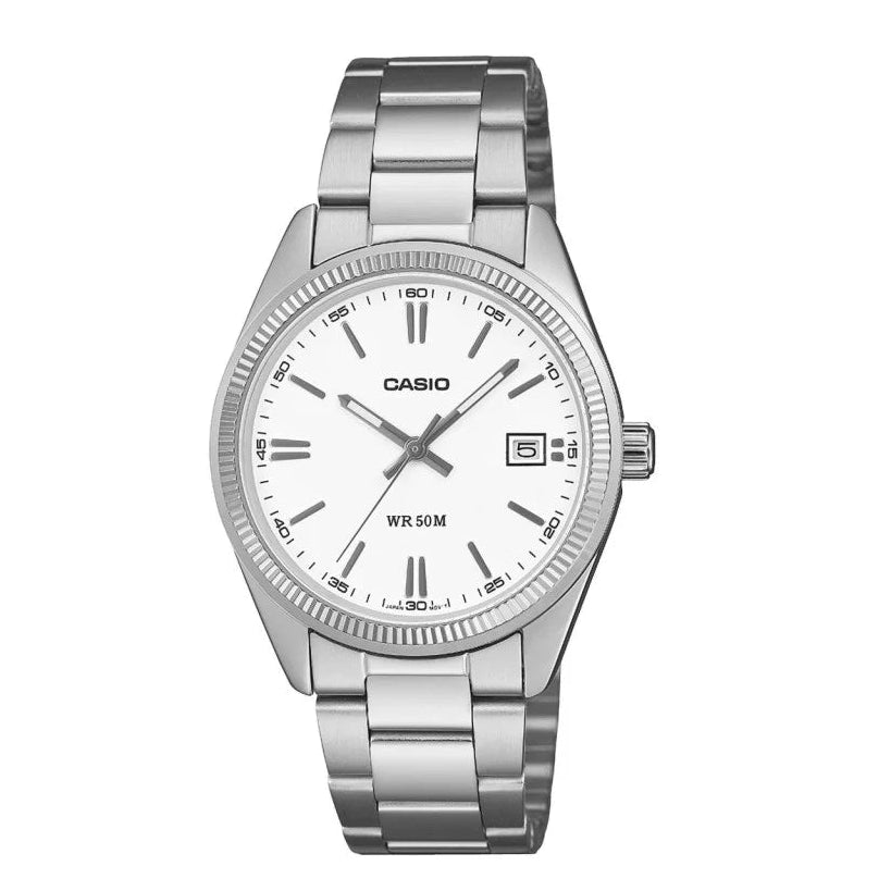 A Casio analog wristwatch with a silver stainless steel link bracelet, a silver-tone case, and a white dial with black markings and a date window.