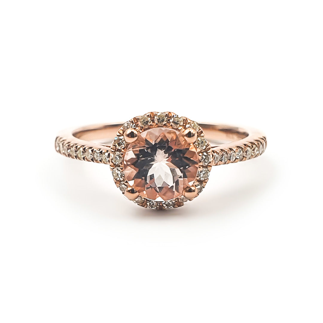 9ct Rose Gold Ladies 1,00ct Round Morganite and Diamond Halo Ring The_Diamond_box_South_Africa