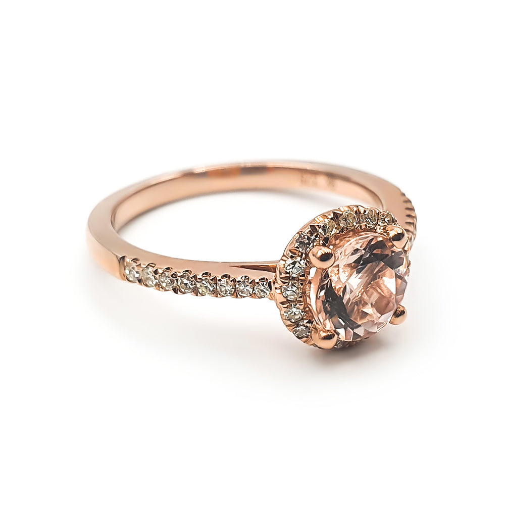 9ct Rose Gold Ladies 1,00ct Round Morganite and Diamond Halo Ring | The ...