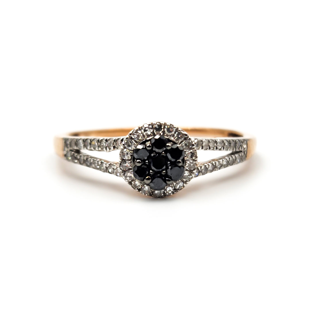 9ct Rose Gold Black and White Diamond Cluster Engagement Ring