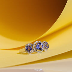 9ct White Gold Ladies Tanzanite and Diamond Halo Trilogy Engagement Ring