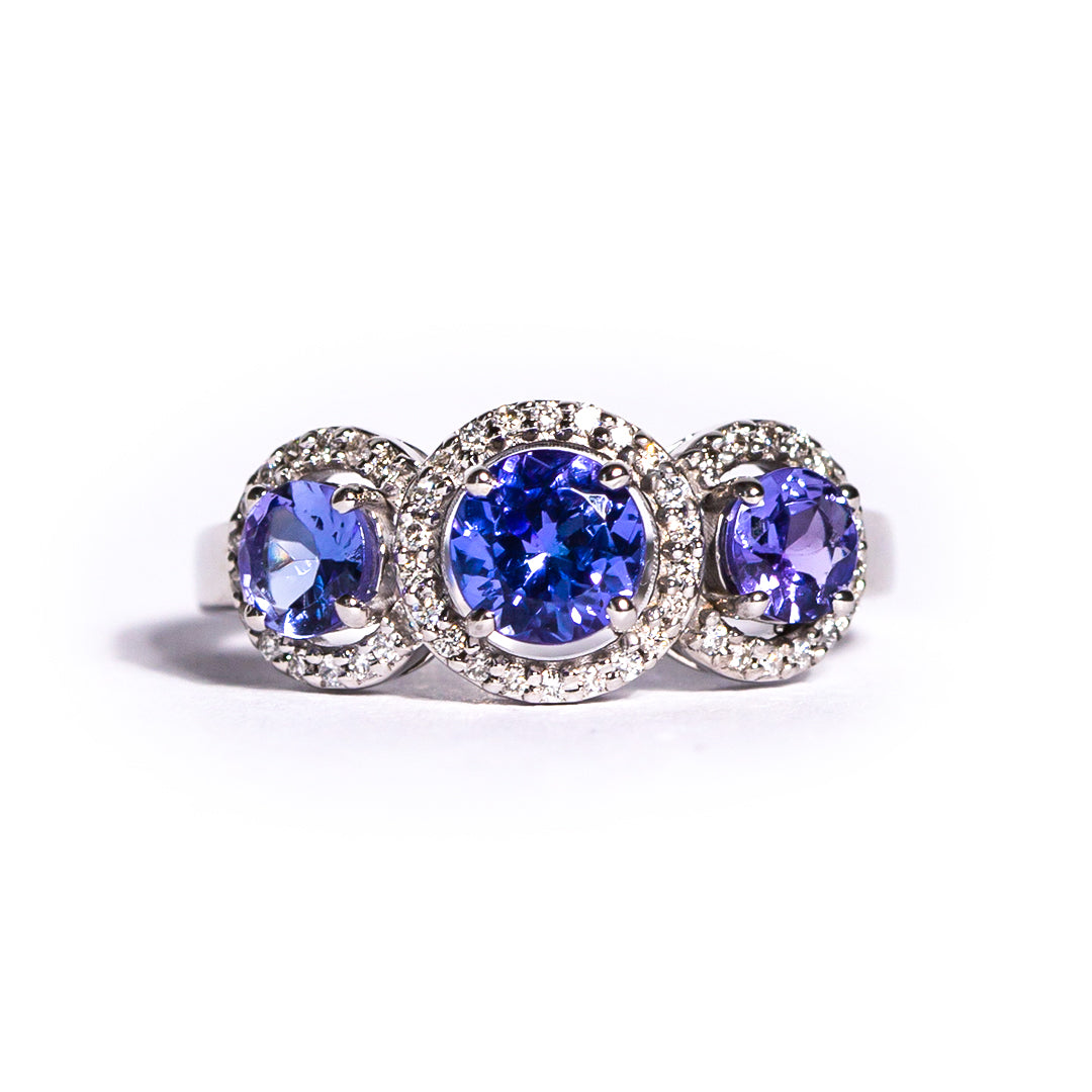 9ct White Gold Ladies Tanzanite and Diamond Halo Trilogy Engagement Ring The_Diamond_box_South_Africa