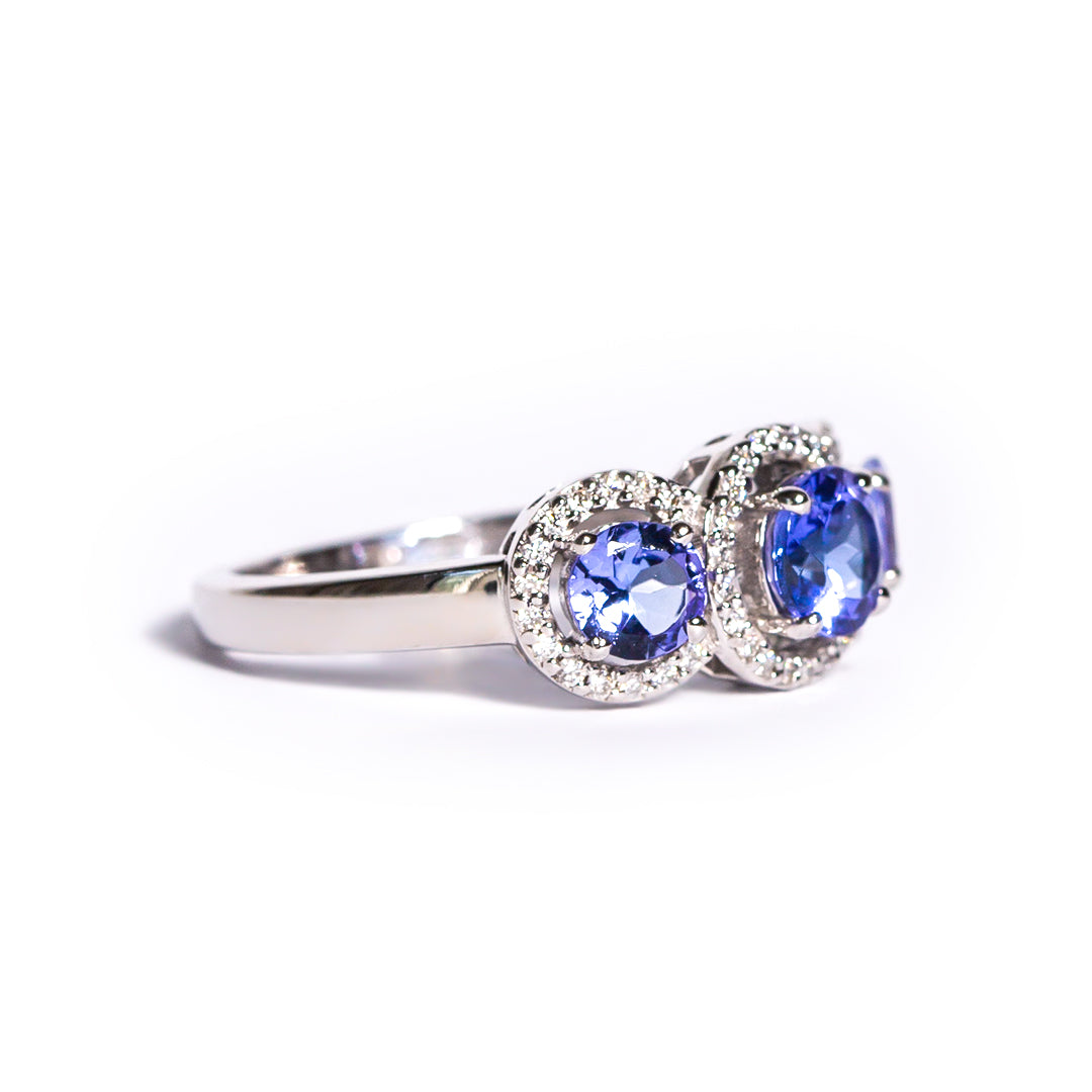 9ct White Gold Ladies Tanzanite and Diamond Halo Trilogy Engagement Ring