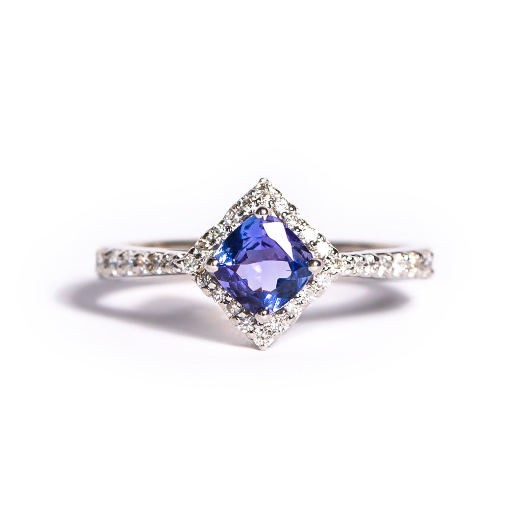 9ct White Gold Ladies Tanzanite and Diamond Halo Engagement Ring The_Diamond_box_South_Africa