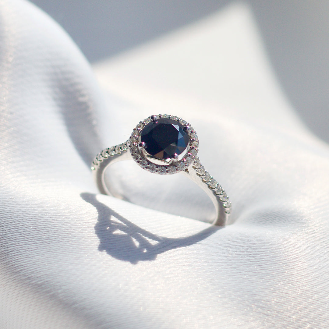 9ct White Gold Ladies 1ct  Round Black Moissanite Halo Engagement Ring The_Diamond_box_South_Africa