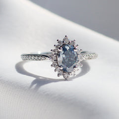 9ct White Gold Ladies 1,00ct Blue Oval Moissanite Halo  Engagement Ring