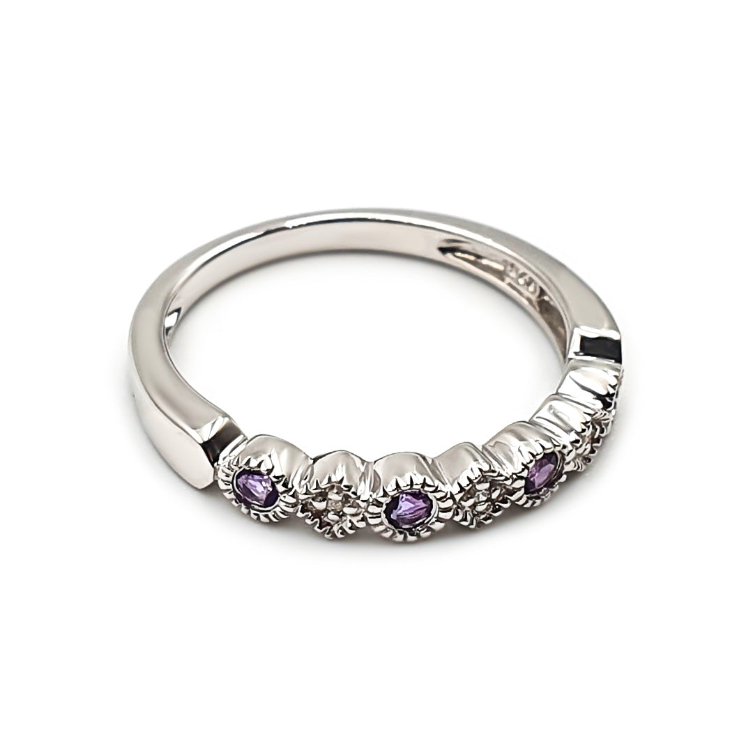 Sterling Silver Ladies Amethyst and Diamond Band