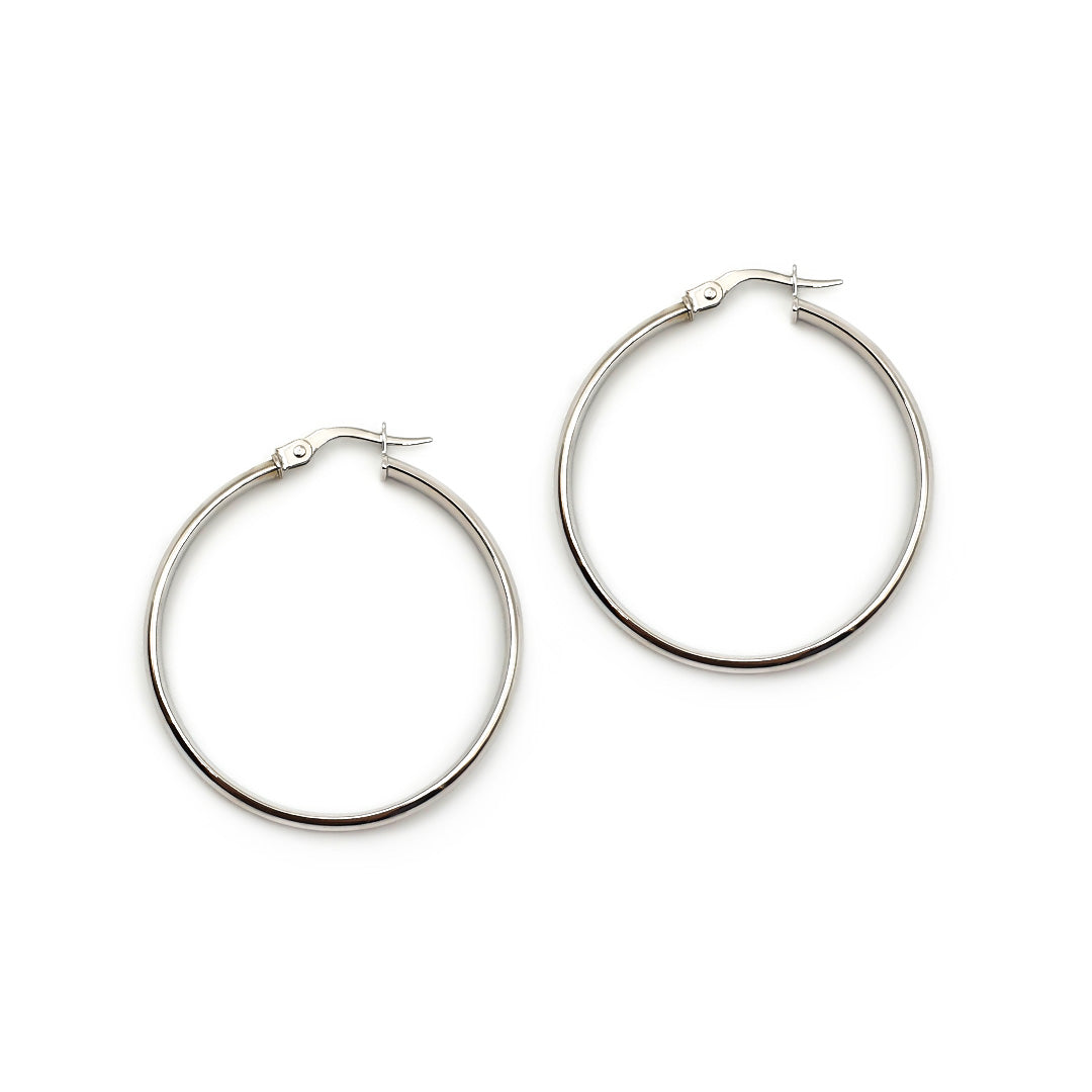9ct White Gold Ladies Hoop Earrings - 33mm