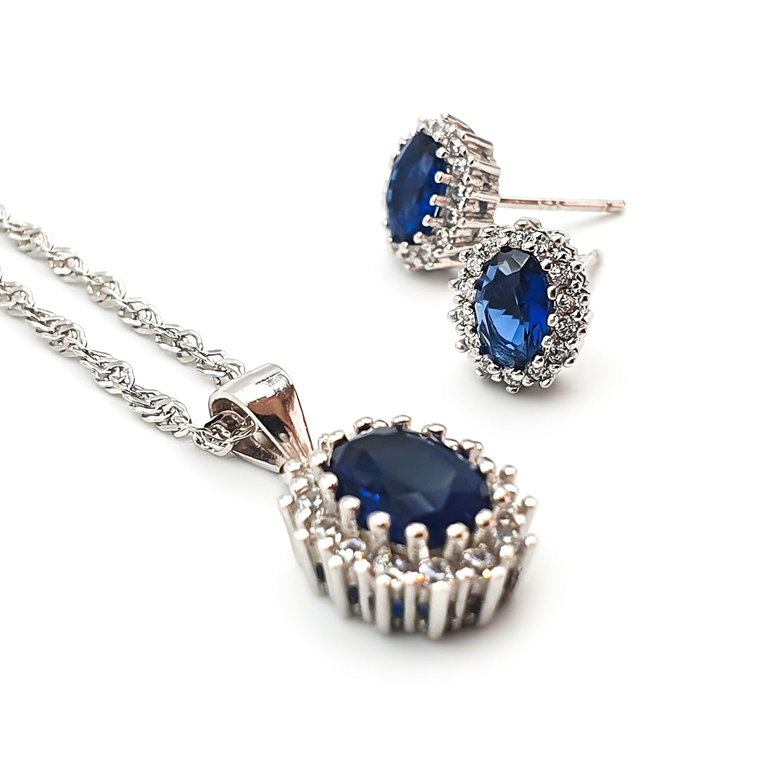 Sterling Silver Ladies Created Sapphire Pendant and Earring Set