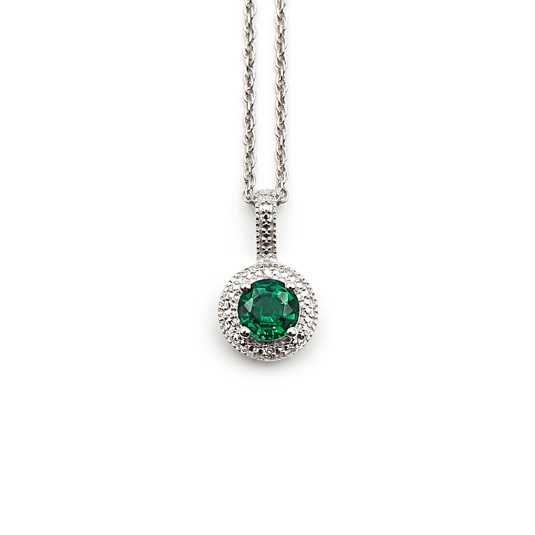 Sterling Silver Ladies Created-Emerald Halo Pendant