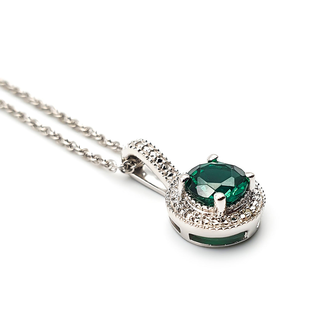 Sterling Silver Ladies Created-Emerald Halo Pendant